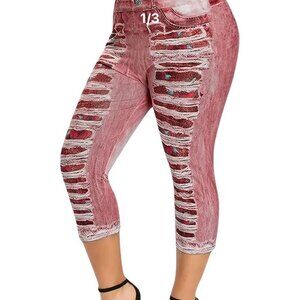 WOMENS FAUX RIPPED DENIM LEGGINGS HIGH WAIST SIZE 6 NEW